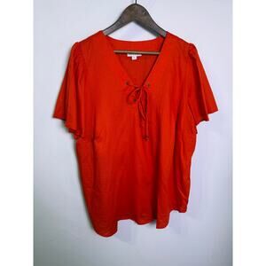 Knox Rose Women’s XXL Red Orange Lace-Up V-Neck Short Sleeve Cotton Blouse Top